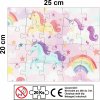 Dětské puzzle jednorožci a duha na růžové 25 x 20 cm, infografika s počtem 20 dílků a upozorněním 0–3