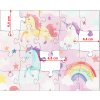 Detail dílků dětského puzzle jednorožci a duha na růžové, velikost jednotlivých dílků
