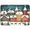 vánoční prostírání s ilustrací zimní vesničky, barevné domky se zasněženými střechami, padající sníh a soby v popředí