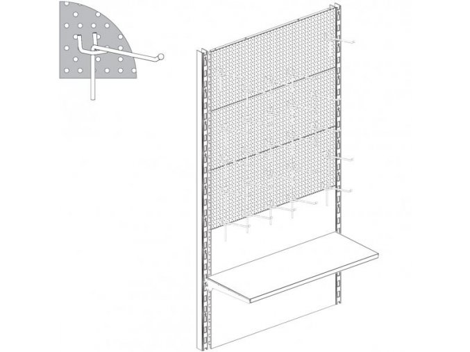 Stěna děrovaná 1330x2400  s háčky a policí