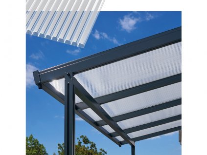 Hliníková pergola Terrassendach Premium - čirý polykarbonát s bílými pruhy / antracitová konstrukce (Rozměr 3,09 x 3,06 m, Varianta Terrassendach Premium - čirý polykarbonát s bílými pruhy / antracitová konstrukce)