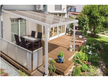 Hliníková pergola Terrassendach Premium - bronzový polykarbonát / bílá konstrukce (Rozměr 3,09 x 3,06 m, Varianta Terrassendach Premium - bronzový polykarbonát / bílá konstrukce)
