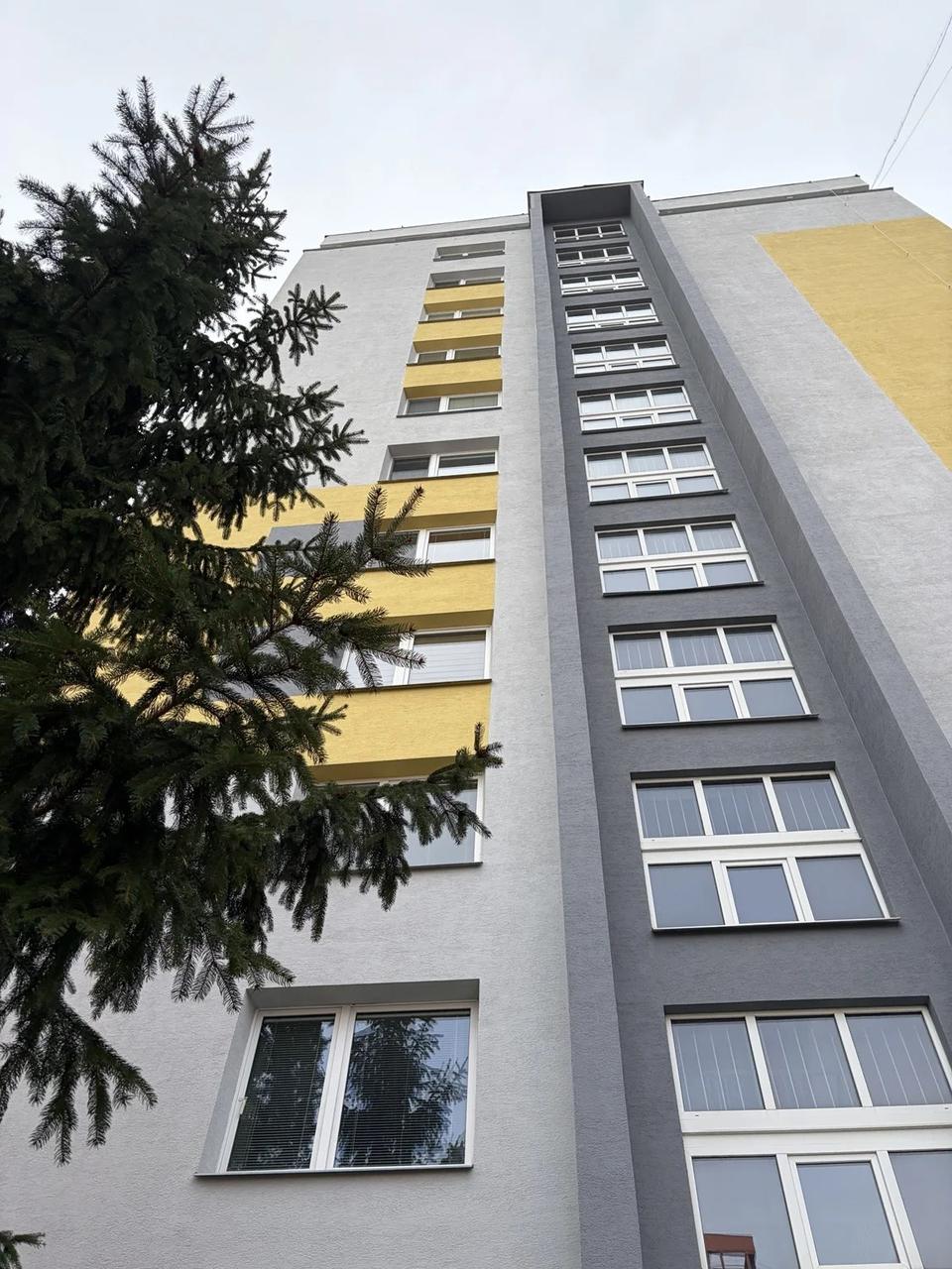Aktuálny vzhľad sivožltej fasády pri ihličnatom strome v októbri 2026
