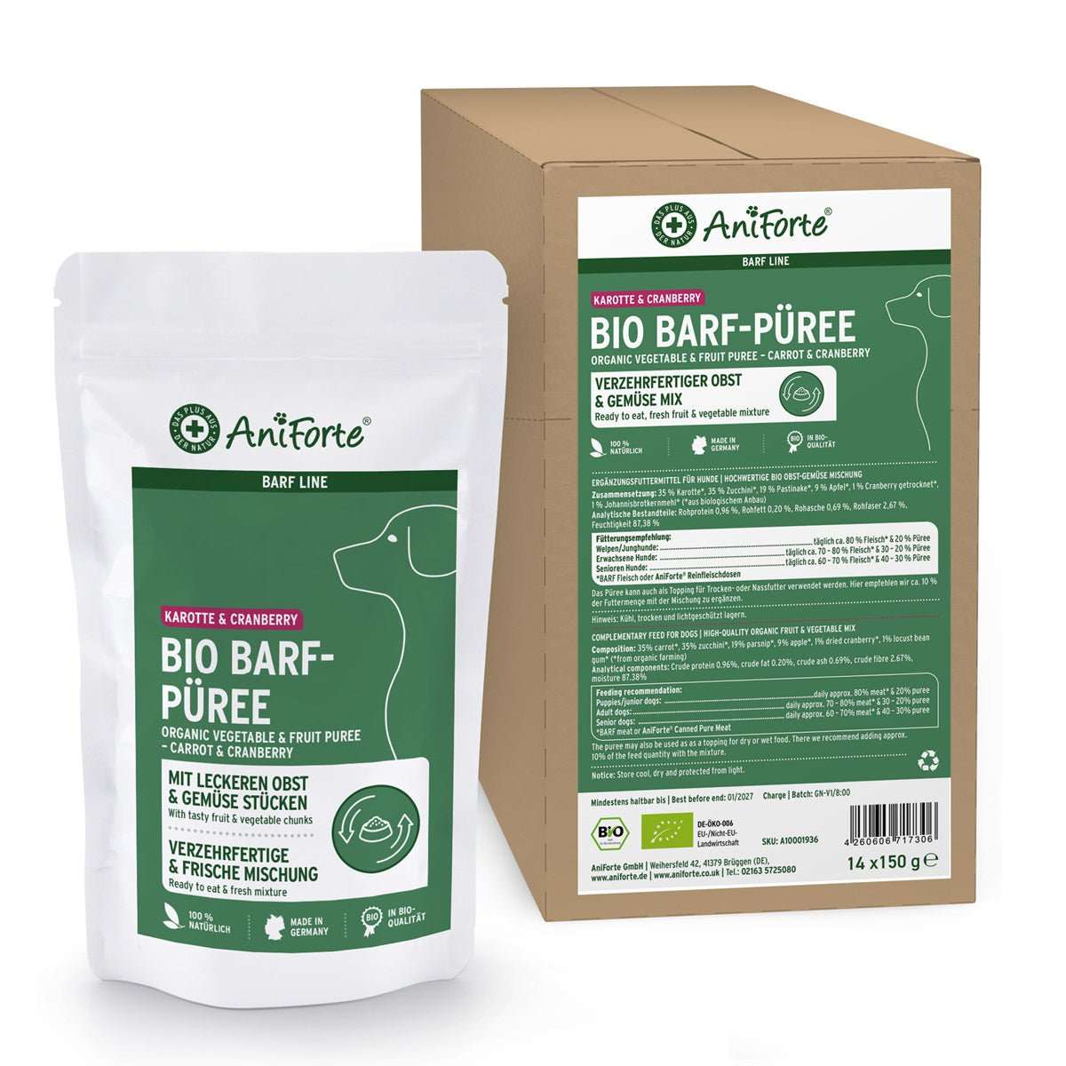 AniForte Bio BARF pyré - Mrkev a brusinky (3-14x po 150 g) Počet kusů: 14 x 150 gramů AniForte Bio BARF pyré - Mrkev a brusinky (3-14x po 150 g) Počet kusů: 14 x 150 gramů