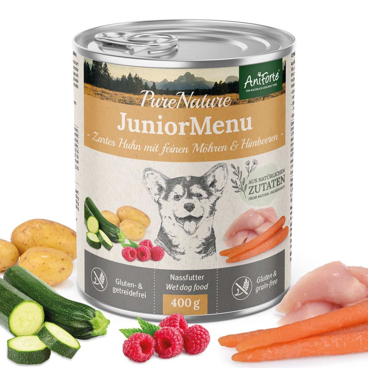 AniForte Mokré krmivo JuniorMenu - křehké kuře s mrkví (400 g) Počet a hmotnost: 6 x 400g