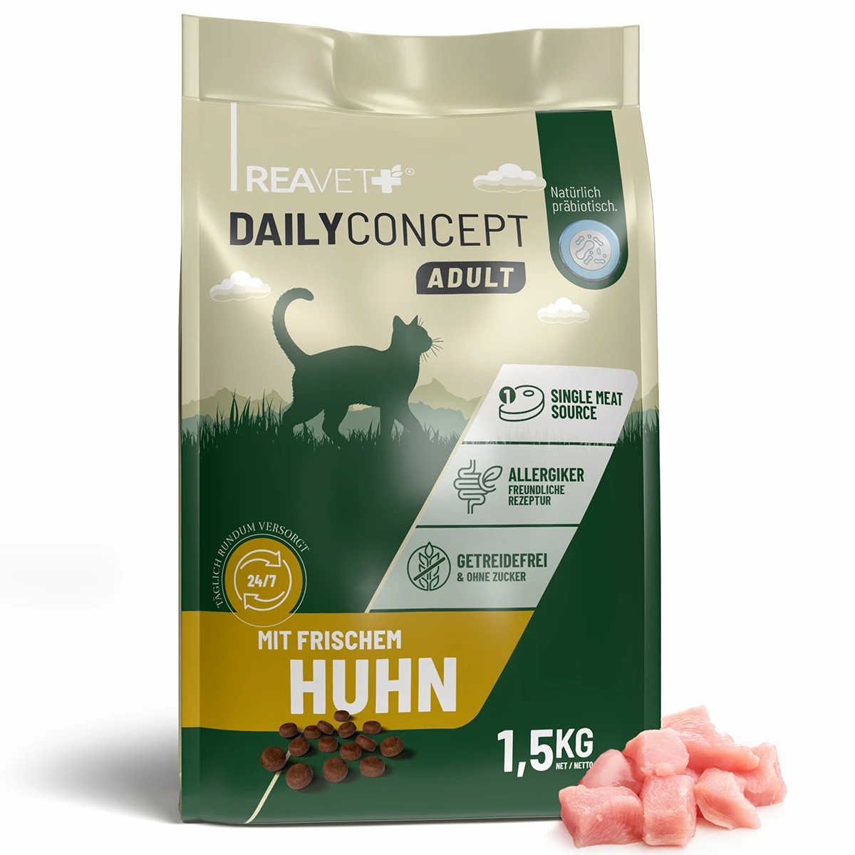 REAVET Granule pro dospělé kočky Dailyconcept – s čerstvým kuřecím masem (1 kg - 4,5 kg) Hmotnost: 1,5 kg