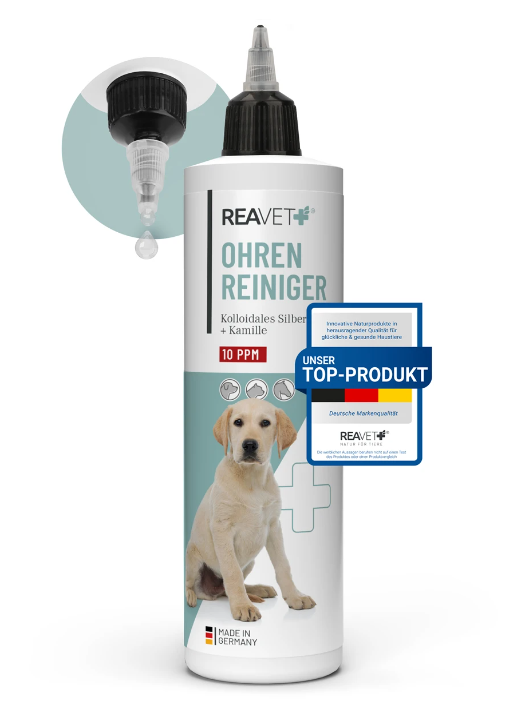 REAVET Čistič uší s koloidním stříbrem a vyživujícím heřmánkem pro psy, kočky, koně a hlodavce (250 ml)