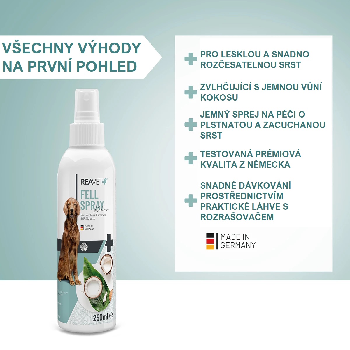 REAVET Sprej pro lesklou srst a snadné rozčesávání - kokos (250 ml)