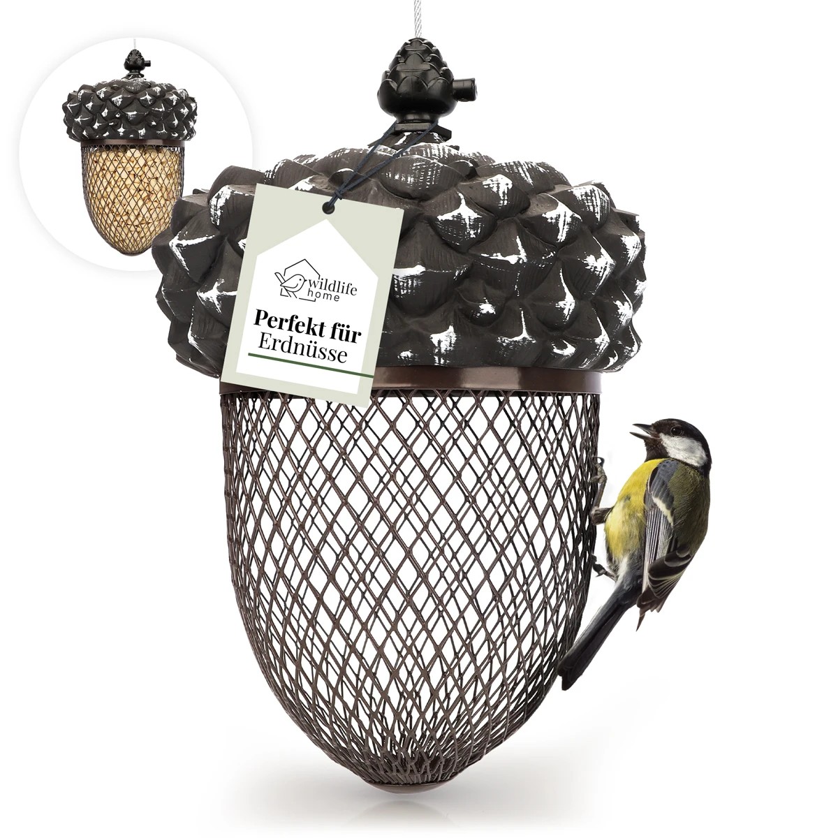 REAVET Závěsné krmítko ve tvaru žaludu, ideální pro lámané ořechy a arašídy