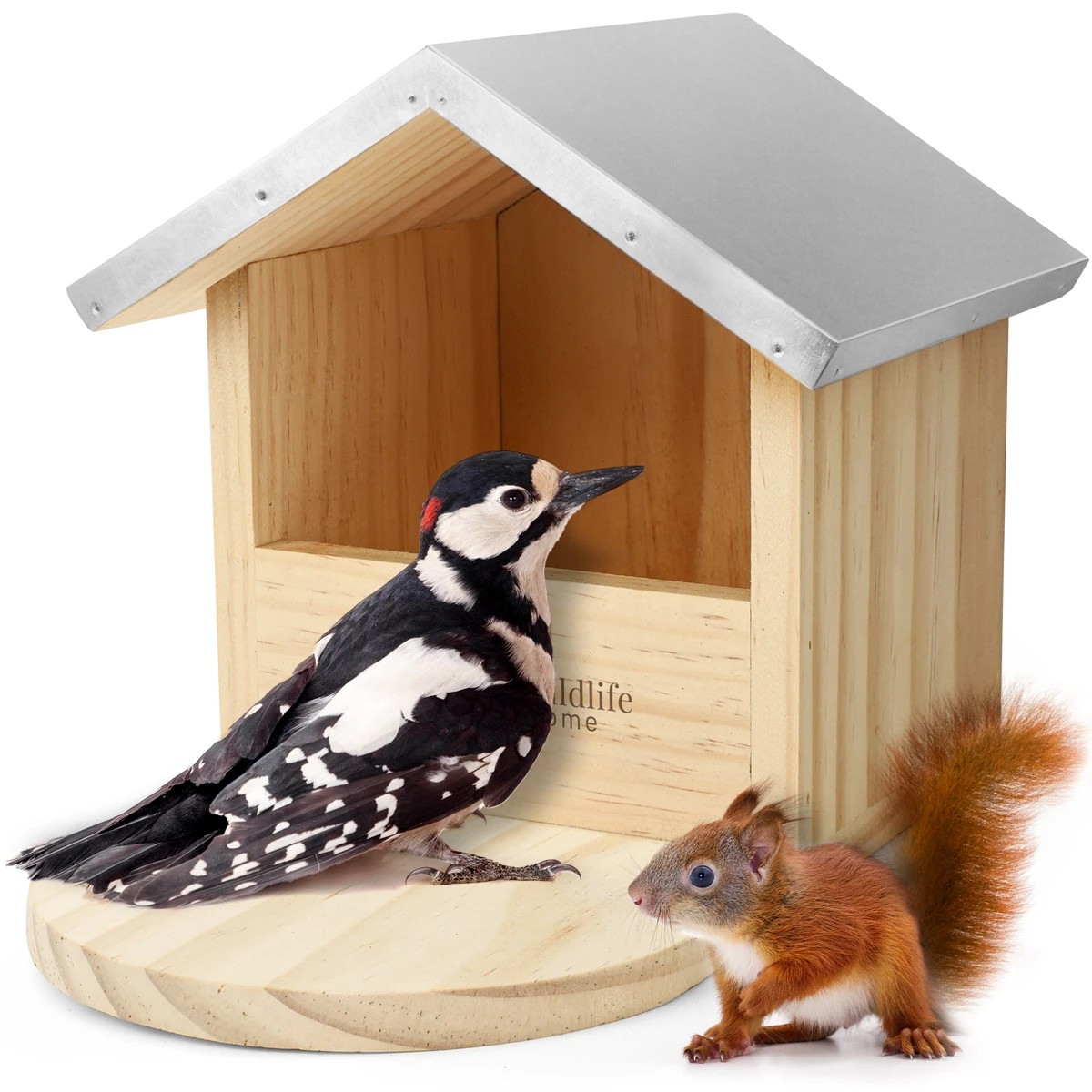 REAVET Univerzální krmítko pro ptáky a veverky z borovicového dřeva, s kovovou střechou
