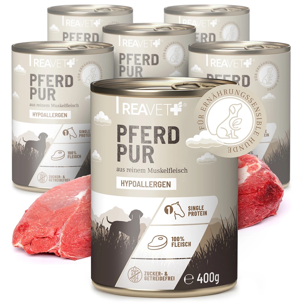 REAVET 100% čisté maso pro nutričně citlivé psy - koňské (400 g - 800 g) Počet a hmotnost: 6 x 400g REAVET 100% čisté maso pro nutričně citlivé psy - koňské (400 g - 800 g) Počet a hmotnost: 6 x 400g