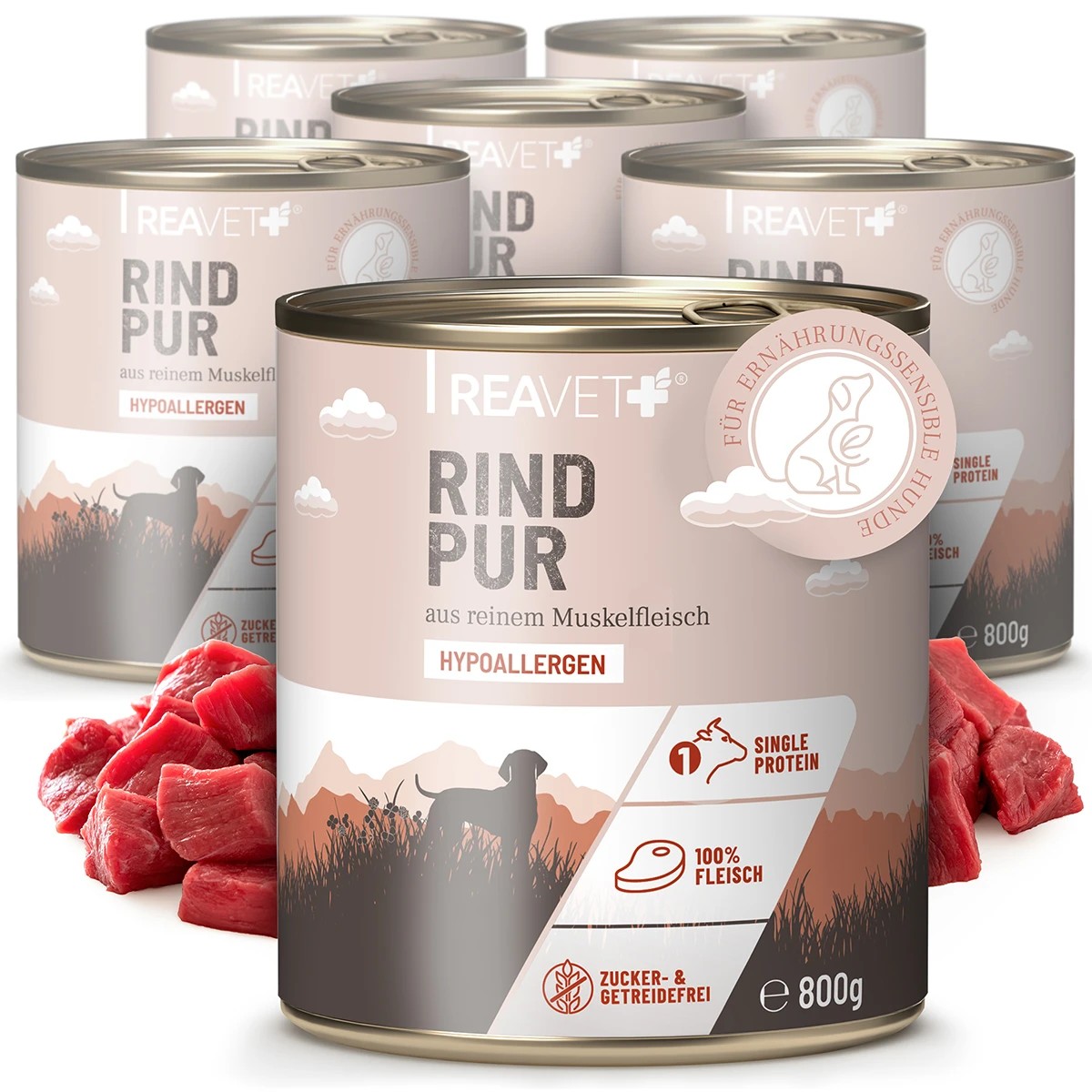 REAVET 100% čisté maso pro nutričně citlivé psy - hovězí (400 g - 800 g) Počet a hmotnost: 6 x 800g