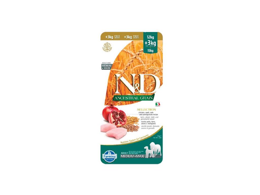 Farmina N&D dog AG SELECTION adult medium & maxi, chicken, spelt, oats & pomegranate 12 kg + 3 kg