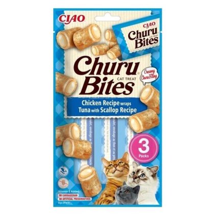 Pamlsok Inaba Churu Bites cat Kura s tuniakom a hrebenatkou 12 x 3 tuby 360 g