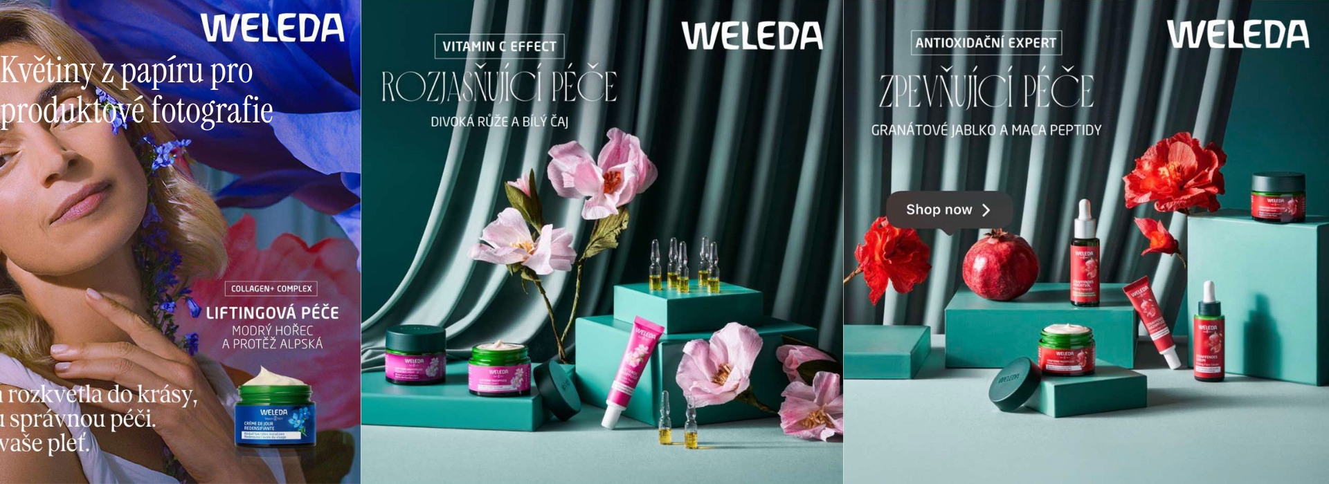 Papírové květiny pro produktové fotografie Weleda
