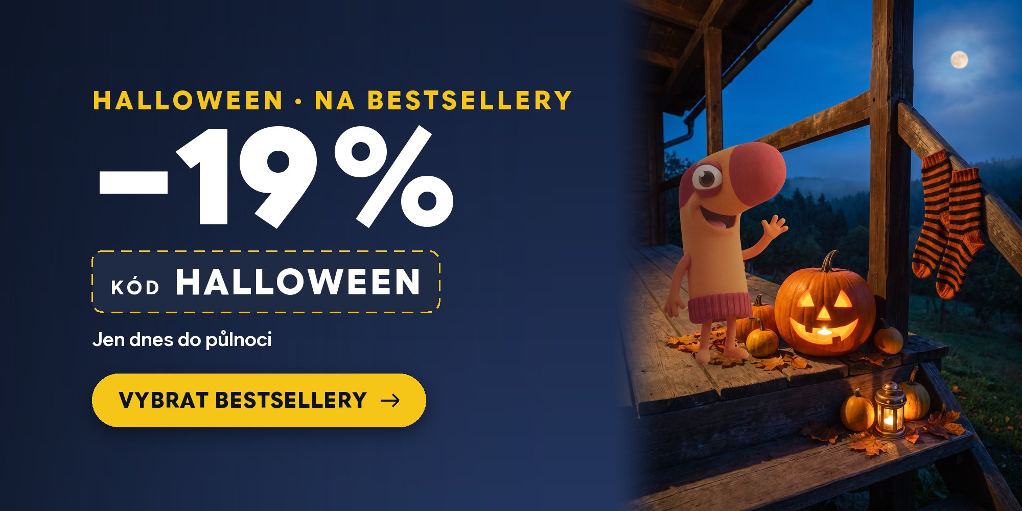 Halloween: sleva 19 % na bestsellery s kódem HALLOWEEN, jen v sobotu 31. 10. do půlnoci. Pan Ponožka mává u vydlabané dýně.