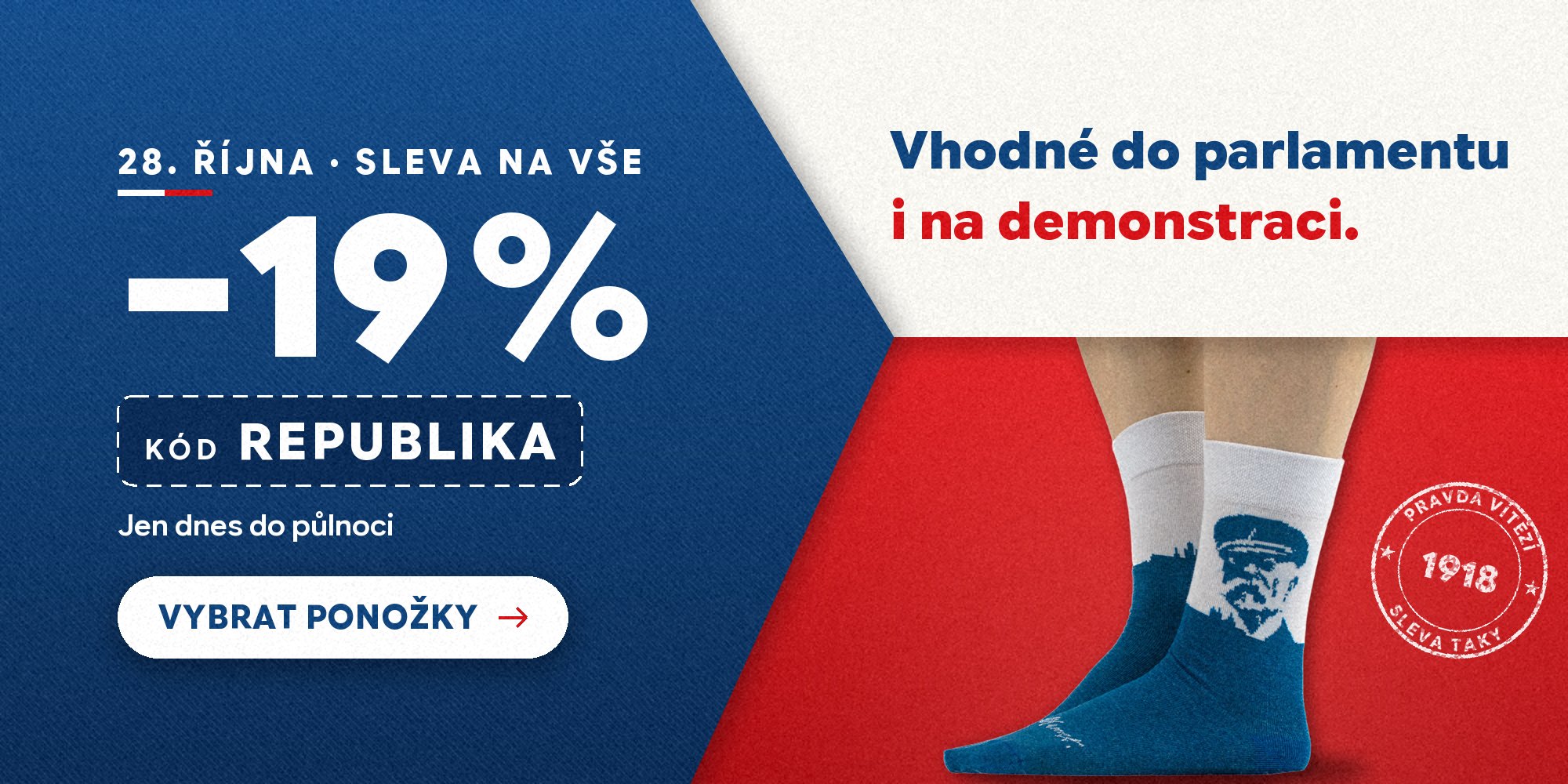 Svátek republiky: sleva 19 % na vše s kódem REPUBLIKA, jen dnes 28. 10. do půlnoci. Ponožky T. G. Masaryk – vhodné do parlamentu i na demonstraci.