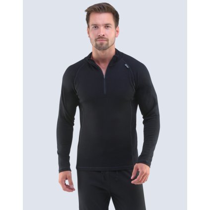 GINA pánské triko se zipem s dlouhým rukávem pánské, dlouhý rukáv, šité, jednobarevné Merino Bamboo 88016P - černá L (Velikost L, Barva černá)