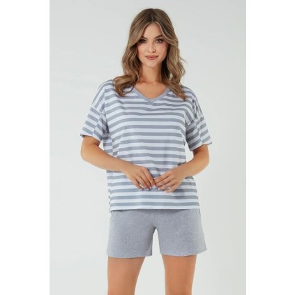 Bavlněné dámské pyžamo Bari šedé s pruhy (Velikost S)