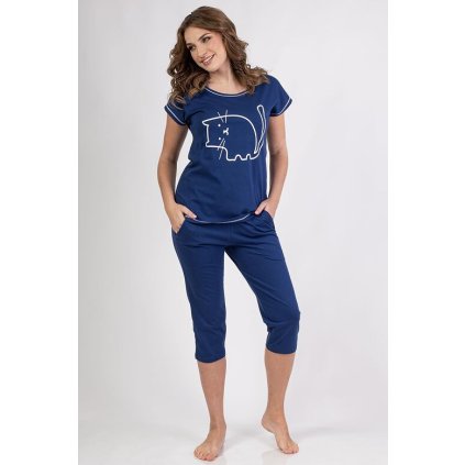 Bavlněné dámské pyžamo Mici modré s kočkou (Velikost S)