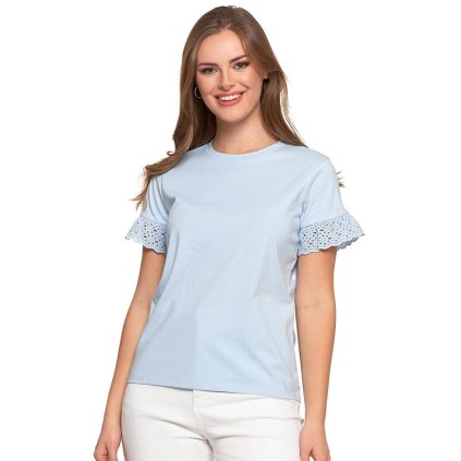 Bavlněné dámské triko modré s krajkou na rukávech (Velikost S)
