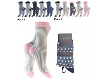 Dámskych 5 párov bavlnených ponožiek Srdiečka, bodky, pruhy