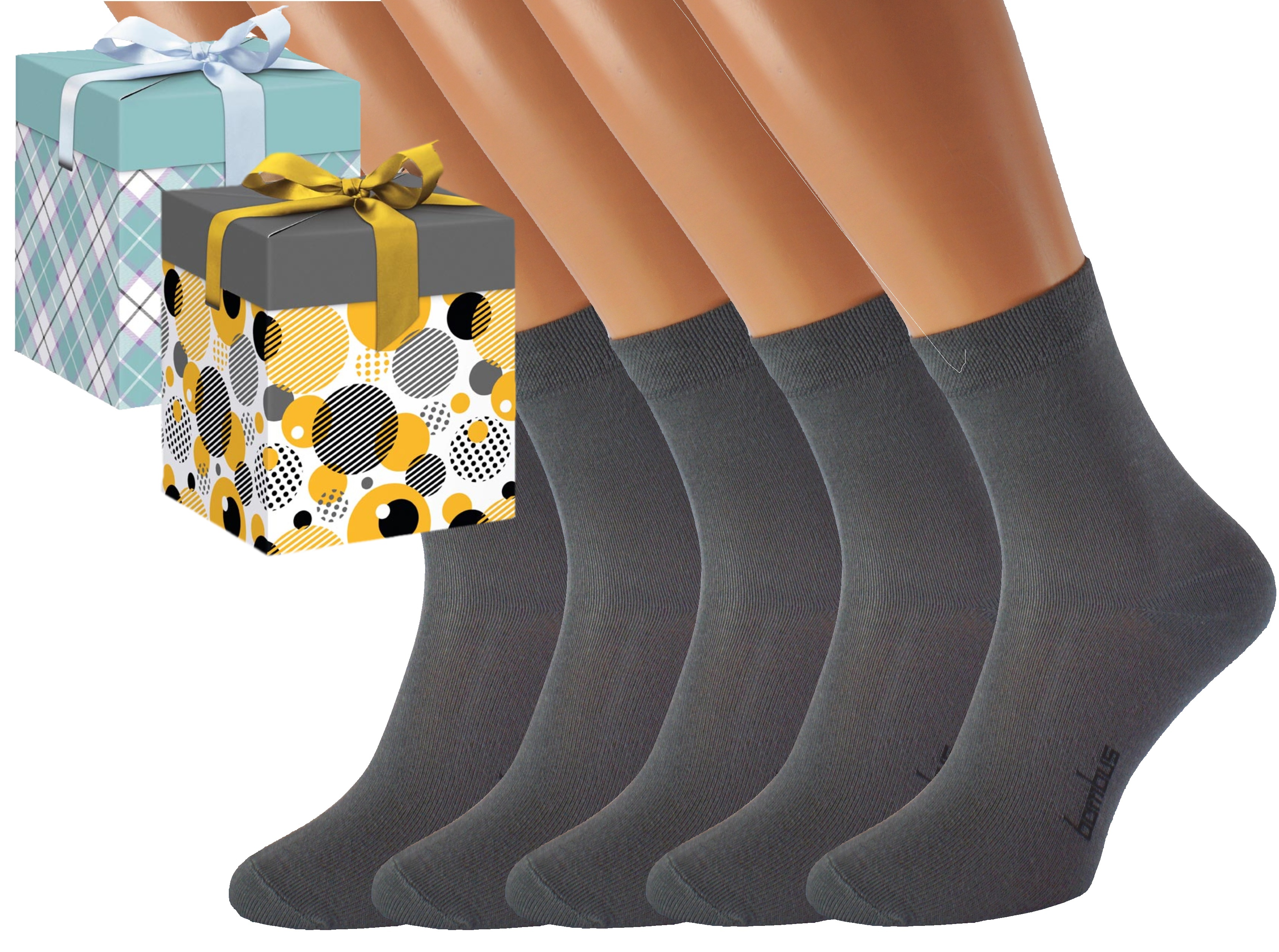 Produkt Dárkové balení 5 párů bambusových ponožek BAMBOO Barva: Světle šedé, Velikost: EUR 39-42 (UK 6-8), Zvolte variantu dárkového balení: Modrá s…