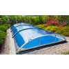 Sapphire – die elegante, flache Poolüberdachung aus klarem 4 mm Polycarbonat für Pool 8,3x3,3 (340×850 cm)