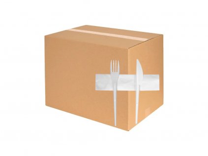 Set plastových příborů (PS), bílý (nůž, vidlička, ubrousek) 350ks (CELÉ BALENÍ)