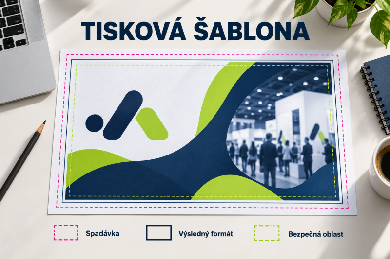 Tisková šablona s vyznačenou spadávkou, výsledným formátem a bezpečnou oblastí