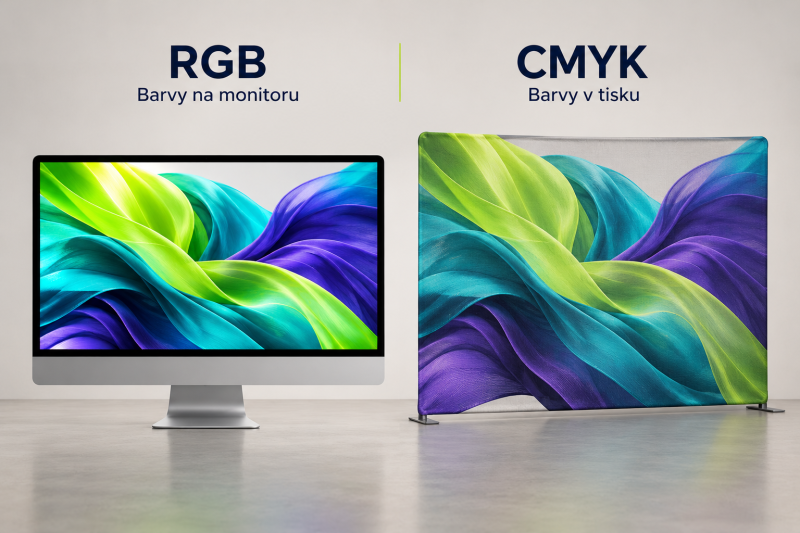 Ilustrační srovnání barev RGB na monitoru a CMYK při tisku na textilní stěnu
