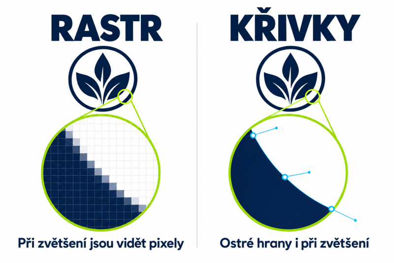 Rozdíl mezi rastrovým logem s viditelnými pixely a ostrou vektorovou grafikou v křivkách