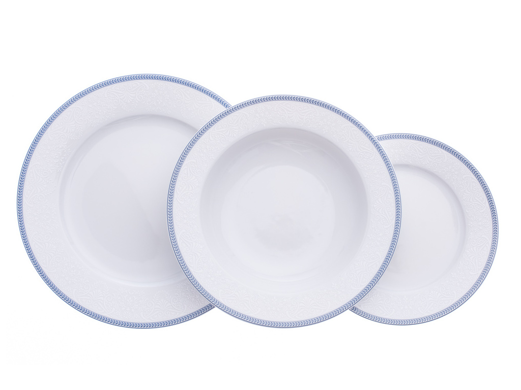 Opal, talířová souprava, bílá krajka, modrý lem, porcelán Thun, 18 d.