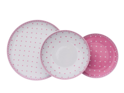 Tom, talířová sada, růžové puntíky, karlovarský porcelán, Thun, 18 d.