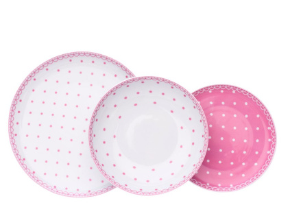 Tom, talířová sada, růžové puntíky, karlovarský porcelán, Thun, 18 d.