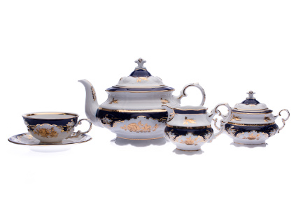 Čajová souprava Sonáta, český porcelán, 15 d., kobalt, zlatá růže, Leander