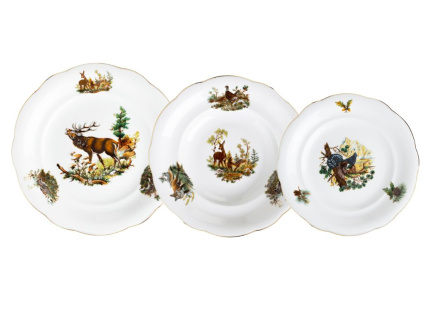 sada talířů, myslivecké a lovecké motivy, český porcelán, Leander, 18 d.