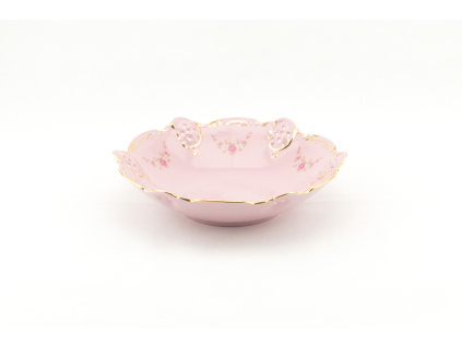 Miska vykrajovaná 19,5 cm, růžový porcelán, kytičky, zlatá linka, Leander