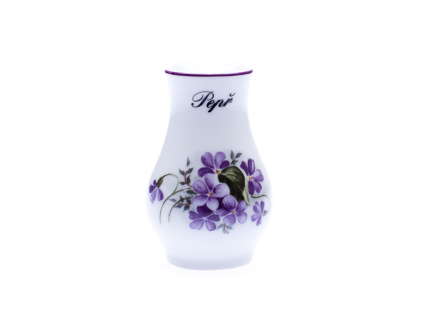 Pepřenka sypací s nápisem Pepř 7,5 cm, fialky, Český porcelán