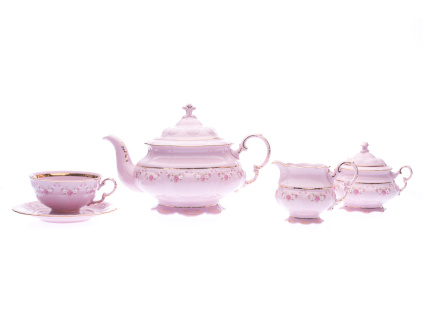 Čajová souprava, růžový porcelán růžičky, zlatá linka, Leander, 11 d.