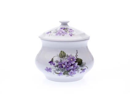 Dóza zeleninová s víkem, 12,4 cm, fialky, Český porcelán