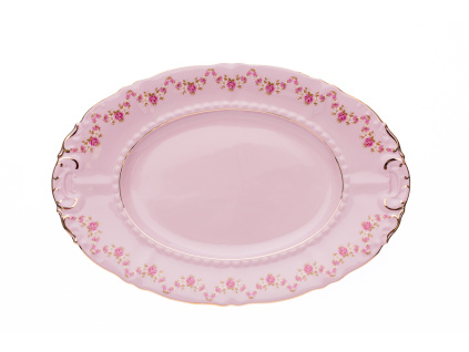 Mísa oválná 32, růžový porcelán, růžičky, zlatá linka, Leander