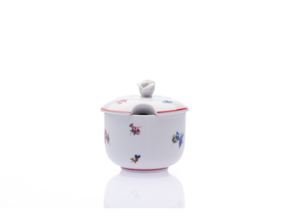 Cukřenka s víčkem 0,20 l, házenka s červeným proužkem, Český porcelán