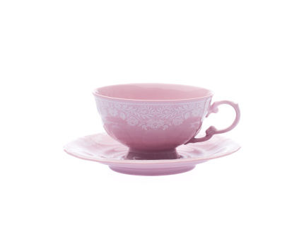Šálek nízký s podšálkem, 0,2 l, růžový porcelán, Sonáta, bílá krajka, Leander