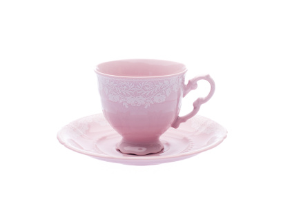 Šálek kávový s podšálkem, 0,15 l, Sonáta, bílá krajka, růžový porcelán, Leander