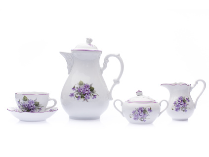 Kávová souprava, fialky, Český porcelán, 15 d.