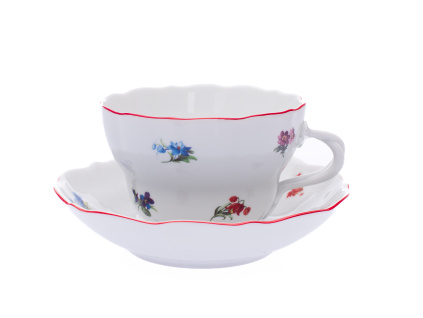 Šálek s podšálkem D, 0,40 l, házenka s červenou linkou, Český porcelán