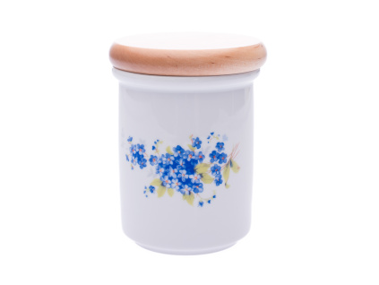 Dóza s dřevěným uzávěrem B střední 10,5 x 8,2 cm, pomněnky, Český porcelán