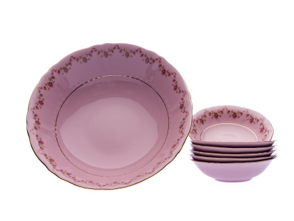 Kompotová souprava, růžový porcelán, kytičky, 7 d., Leander
