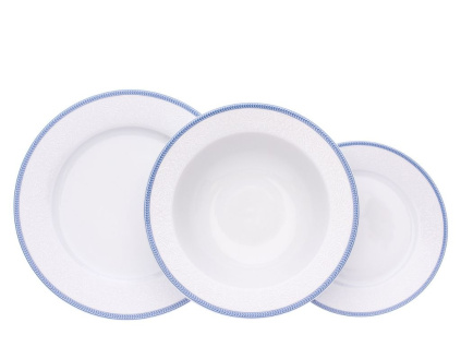 Talířová souprava Opal s hlubokými talíři 330 ml, bílá krajka, modrý lem, porcelán Thun, 18 d.